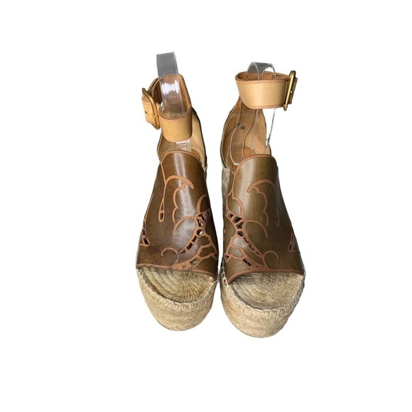 CHLOÉ Tooled Leather Laser Cut Wedge Espadrille Sandals - Picture 4 of 7